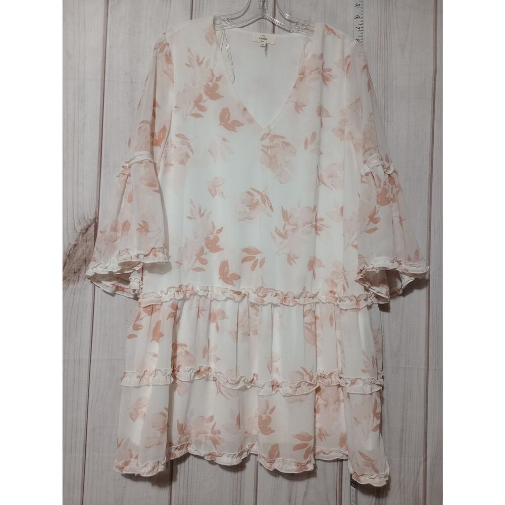 Entro White Peach Floral Chiffon Tiered Ruffle Mini Dress V-Neck Bell Sleeve M‎